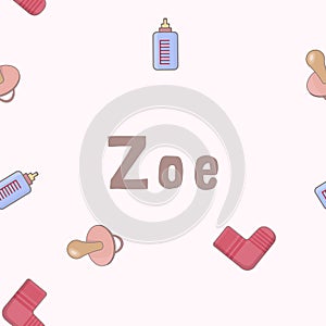 Seamless background pattern name Zoe of the newborn. Name baby Zoe. Seamless name Zoe. Zoe vector.