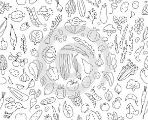 Seamless background pattern of organic farm fresh fruits and vegetables