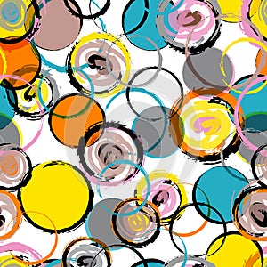 seamless background pattern, with paintstroked spheres and circles, strokes and splashes,vector art