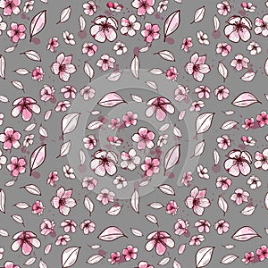 Seamless background pattern of pink Sakura blossom or Japanese flowering cherry symbolic of Spring in a random