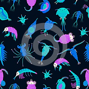 Seamless background or pattern with sea plankton, flat vector illustration.