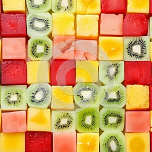 Seamless background pattern and texture of colourful fresh diced tropical fruit cubes arranged in a geometric pattern with melon
