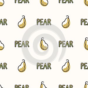 Seamless background pear text. Gender neutral kid food pattern. Simple whimsical minimal earthy 2 tone color. Baby