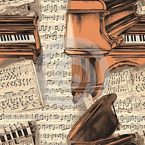 Seamless Background. Piano Keys And Sheet Music On Stand. Generative AI