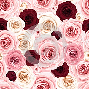 Seamless background with pink, burgundy and white roses. Vector illustration.
