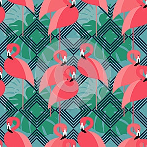 Seamless background. Pink Flamingo on a tropical background.