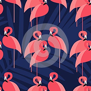 Seamless background. Pink Flamingo on a tropical background.