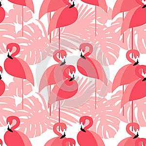 Seamless background. Pink Flamingo on a tropical background.