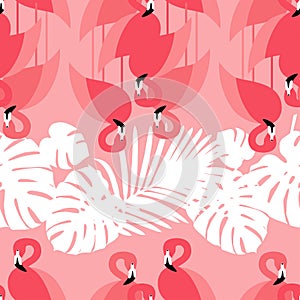 Seamless background. Pink Flamingo on a tropical background.