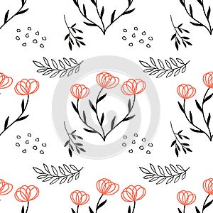 Seamless background with pink and grey flower and leave doodles, white background. Luxury pattern for creating textiles, scrapbook