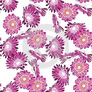 Seamless background with pink and purple gerbera. Vector illustration.