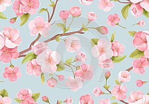 Seamless background of pink Sakura blossom or Japanese flowering cherry. Spring flowers, leaves pattern