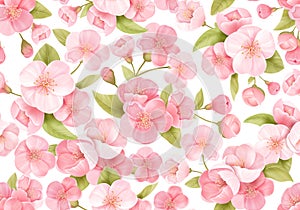 Seamless background of pink Sakura blossom or Japanese flowering cherry. Spring flowers, leaves pattern