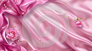 A seamless background with pink silk fabric and rose buds. A glossy satin fabric with waves and drapery. A realistic