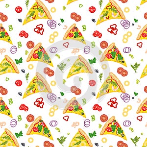 Seamless background with pizza slices and ingredients. The background is colorless.