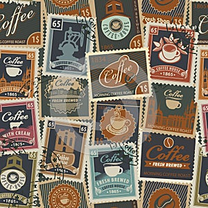 Seamless background with postage stamps on coffee theme