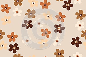 Seamless background with primitive childish floral pattern. Natural earth colors. Simple cute big flowers in boho style