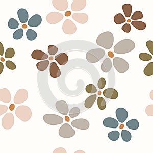 Seamless background with primitive childish floral pattern. Simple cute big flowers in boho style.