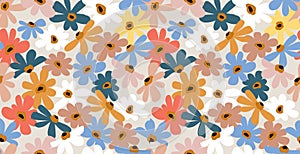 Seamless background with primitive childish floral pattern. Simple minimalistic background, cute big light flowers in boho style