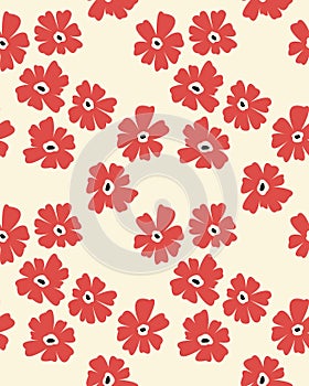Seamless background with primitive childish floral pattern. Simple minimalistic light background, cute big red flowers