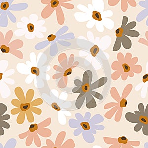 Seamless background with primitive childish floral pattern. Simple minimalistic pastel background, cute big light flowers