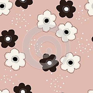 Seamless background with primitive childish floral pattern. Simple minimalistic pink background, cute big light and dark flowers