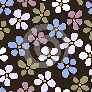 Seamless background with primitive floral pattern. Simple minimalistic cute flowers in different colors and sizes. Dark background