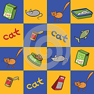 Seamless background of products for cats. Vector illustration.