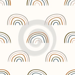 Seamless background rainbow gender neutral baby pattern. Simple whimsical minimal earthy 2 tone color. Kids nursery
