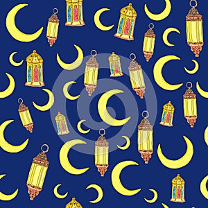 Seamless background Ramadan night. Hand drawn composition.