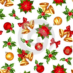 Seamless background with red and gold Christmas decorations. Vector illustration.