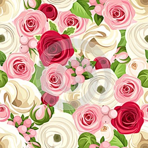 Seamless background with red, pink and white flowers. Vector illustration. photo