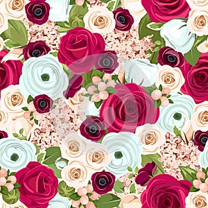 Seamless background with red, white and blue flowers. Vector illustration.