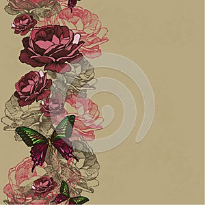 Seamless background with ribbon roses and butterflies. Vector il