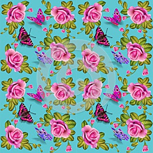seamless background with roses and butterflies