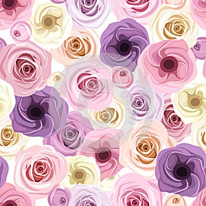 Seamless background with roses and lisianthus flowers. Vector illustration.