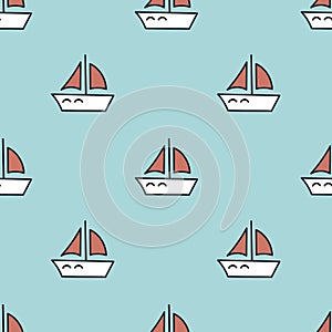 Seamless background with sailing ships, red sails . Hand-drawn illustration