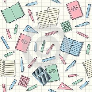 Seamless background with school supplies and office stationary on a notebook sheet in a cell