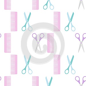 Seamless background scissors and comb, vector illustration