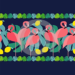 Seamless background. Seamless border. Pink Flamingo on a tropical background.
