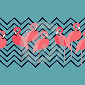 Seamless background. Seamless border. Pink Flamingo on a tropical background.