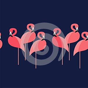 Seamless background. Seamless border. Pink Flamingo on a tropical background.