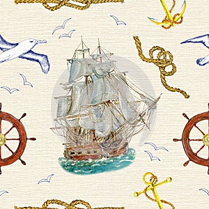 Seamless background with ship, gulls and sea symbols