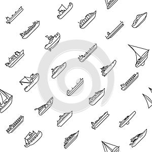Seamless background of ships and boats. Barge and cargo ship, tanker, sailing vessel, cruise liner, tugboat, fishing and speed