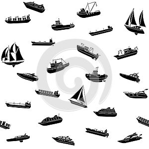 Seamless background of ships and boats. Barge and cargo ship, tanker, sailing vessel, cruise liner, tugboat, fishing and speed