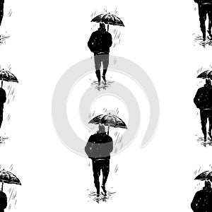 Seamless background of silhouette townsman walking under umbrella in rain