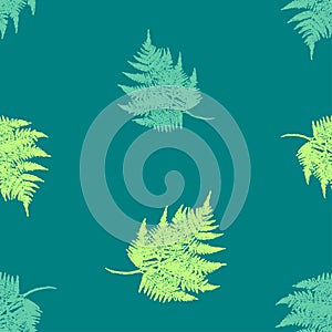 Seamless background of silhouettes abstract drawn green fern leaves