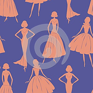 Seamless background of silhouettes elegante women in evening gowns photo