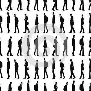 Seamless background of silhouettes various walking men in rows