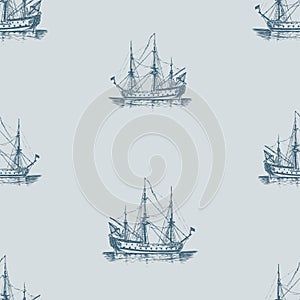 Seamless background of sketches ancient sailing ships in sea trip